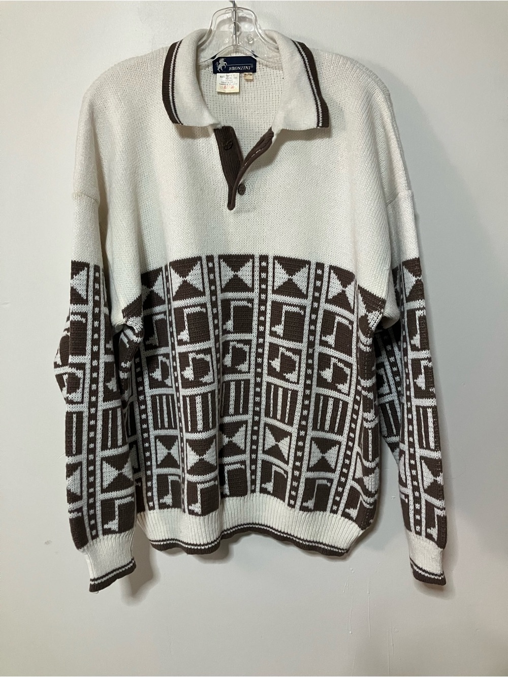 Vintage Bronzini Geometric Knit Polo Sweater Cream Brown Long Sleeve 90s Size XL